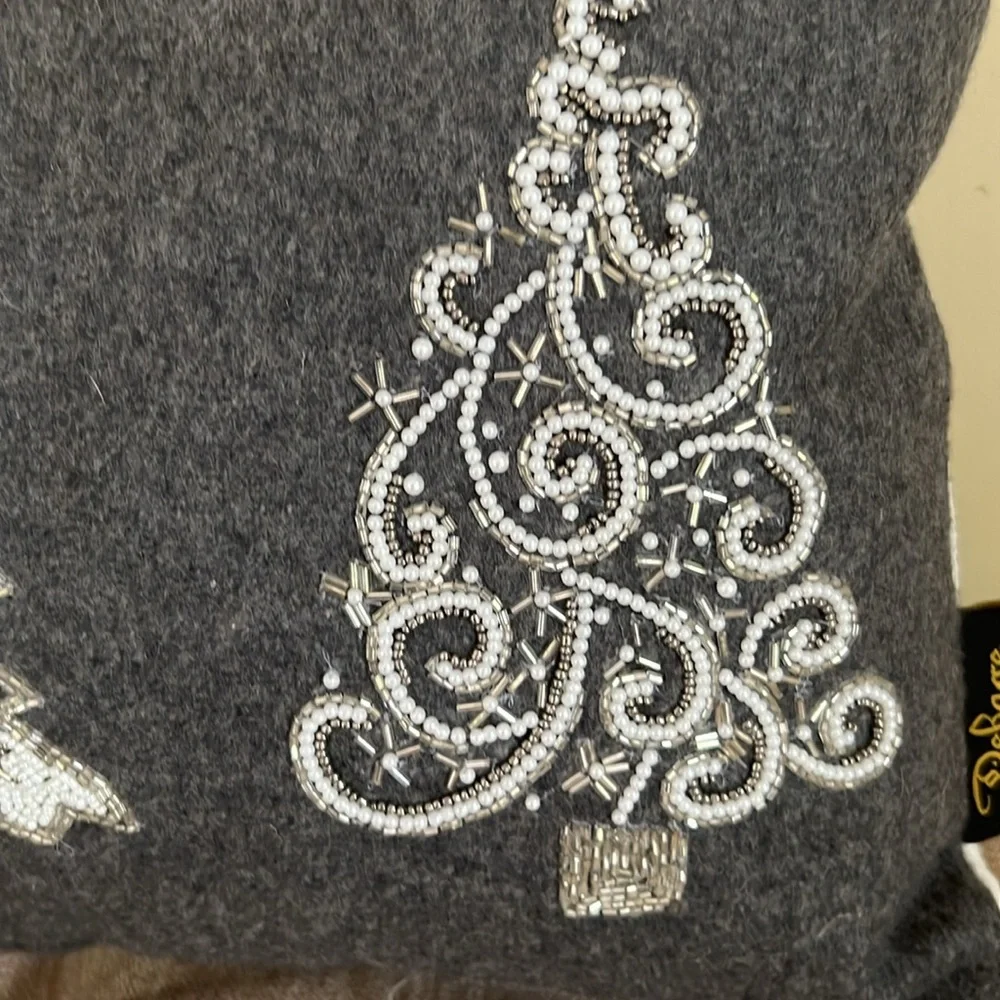 DeBage Grey and White Holiday Pillow With Bead Accents-Tree Design